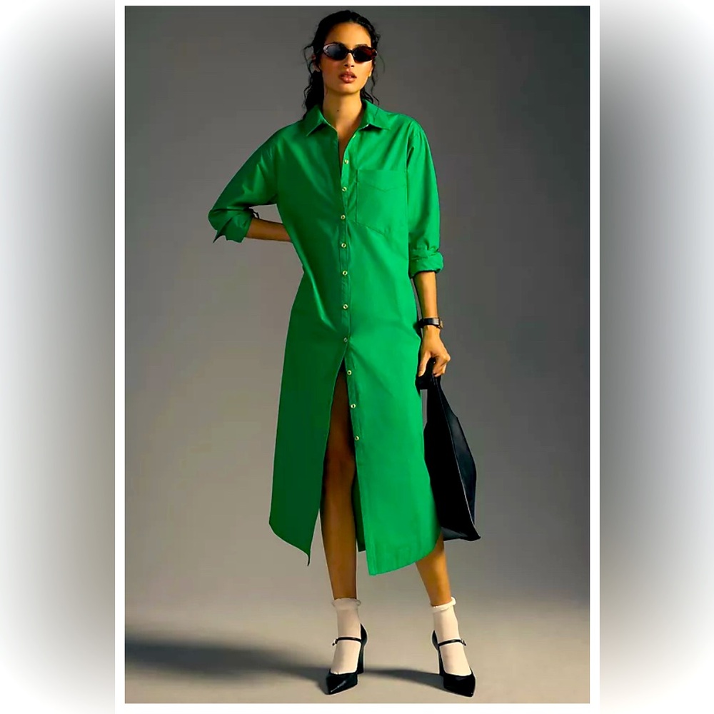 Anthropologie Vibrant Green Button-Front Midi Shirt Dress